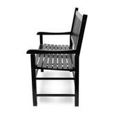 A black outdoor bench with a slatted seat and backrest, shown from a three-quarters angle against a white background. 