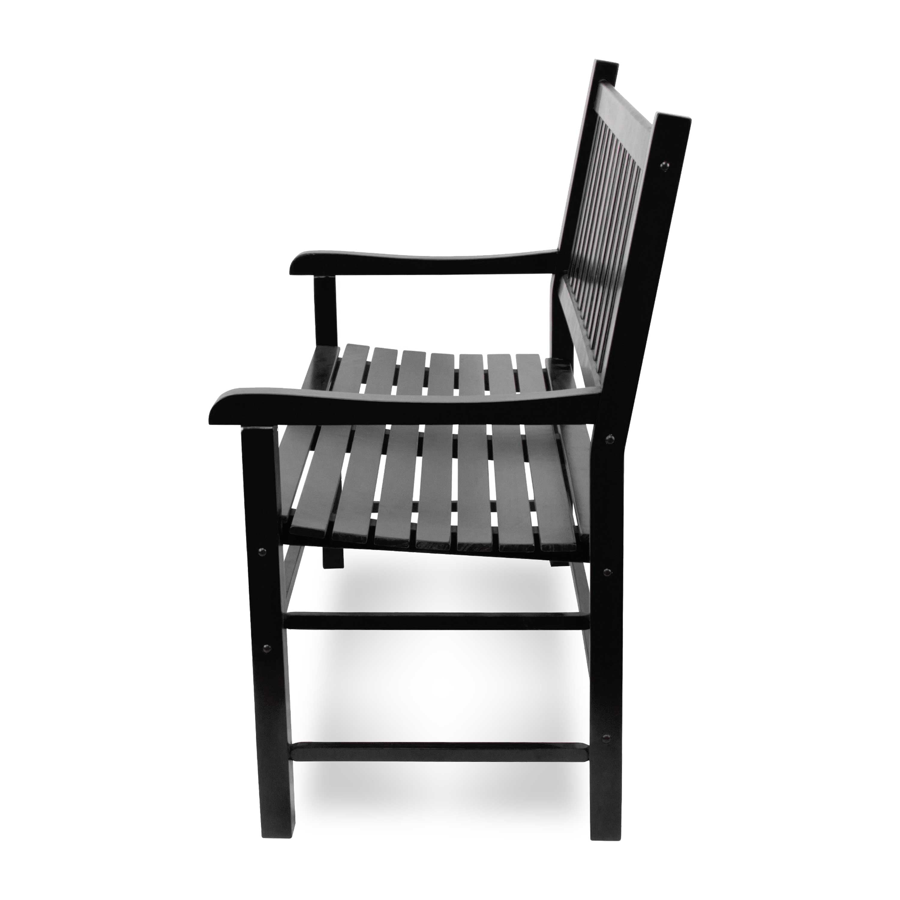 A black outdoor bench with a slatted seat and backrest, shown from a three-quarters angle against a white background. 