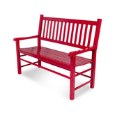 A bright red wooden bench with a slatted backrest and seat, shown at a three-quarter angle on a clean white background. 