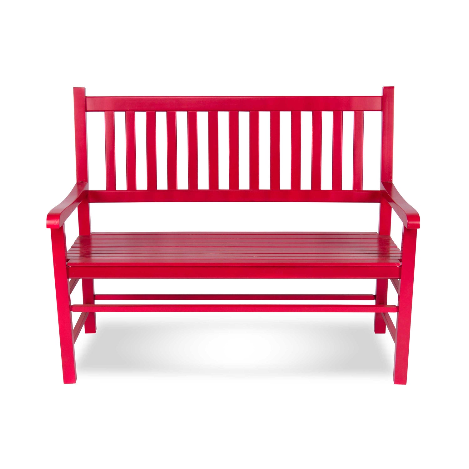 A bright red wooden garden bench with a slatted backrest and seat, shown from the front on a clean white background. 