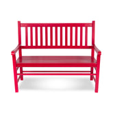 A bright red wooden garden bench with a slatted backrest and seat, shown from the front on a clean white background. 
