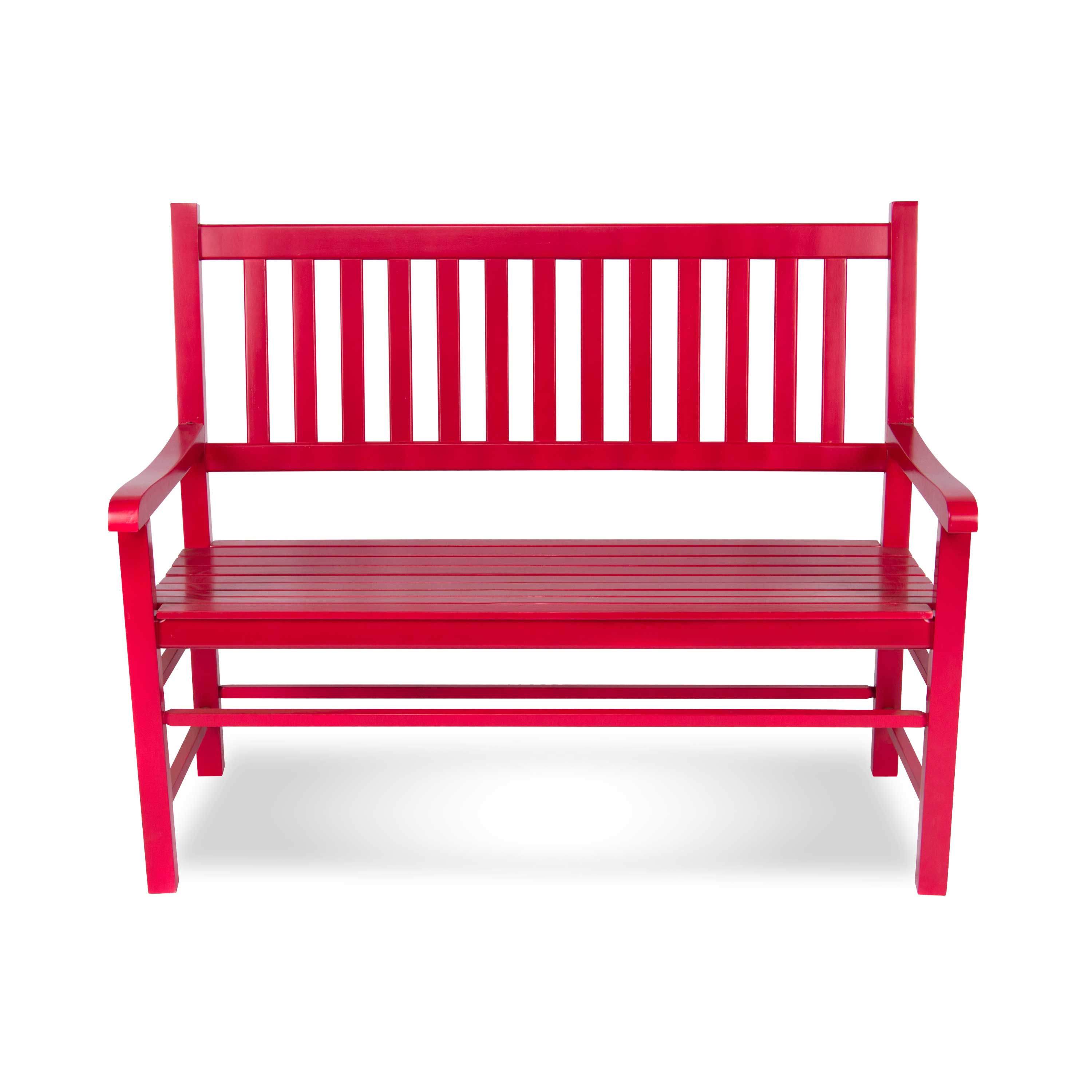A bright red wooden garden bench with a slatted backrest and seat, shown from the front on a clean white background. 