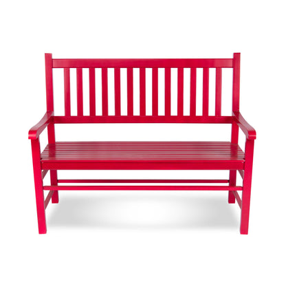 A bright red wooden garden bench with a slatted backrest and seat, shown from the front on a clean white background. 
