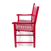 A bright red slatted wooden bench with a high backrest, shown from a three-quarters angle against a plain white background. 