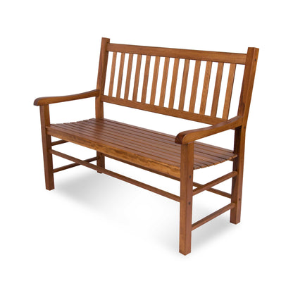 A wooden outdoor bench with a slatted backrest and seat, shown at a three-quarter angle on a white background. 