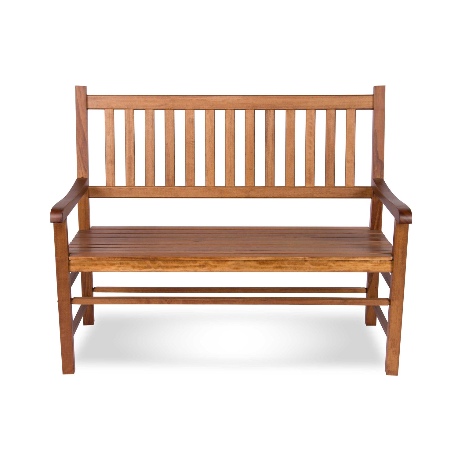 A wooden garden bench with a slatted backrest and armrests, shown from the front on a white background. 