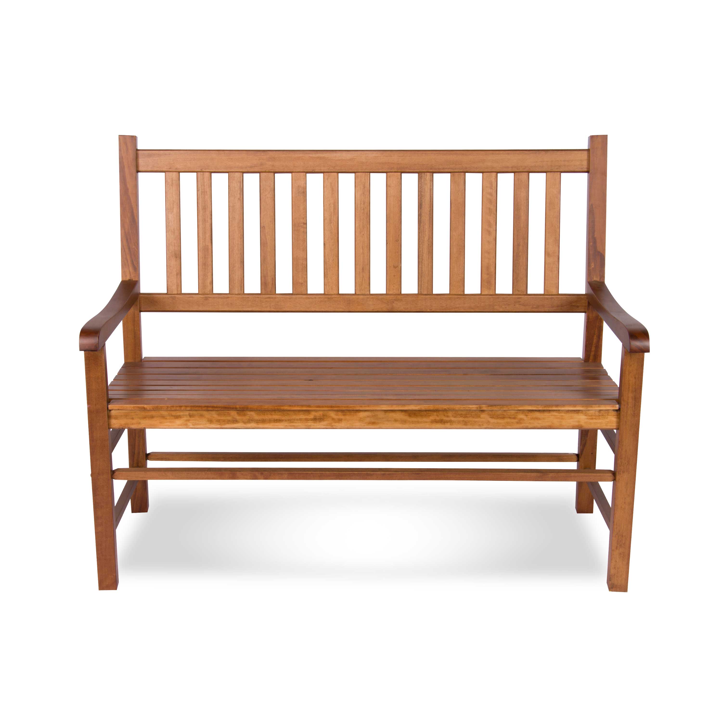 A wooden garden bench with a slatted backrest and armrests, shown from the front on a white background. 