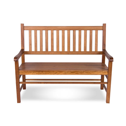 A wooden garden bench with a slatted backrest and armrests, shown from the front on a white background. 