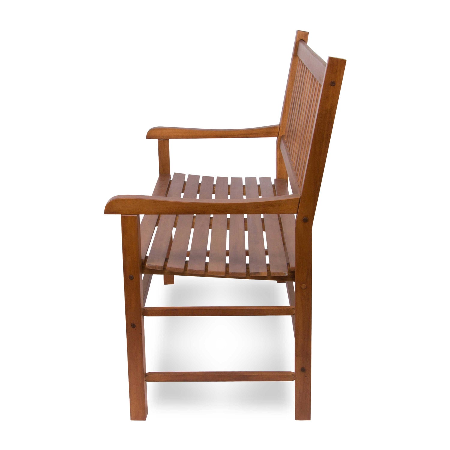 A wooden bench with a slatted seat and backrest, shown from a side angle against a plain white background. 