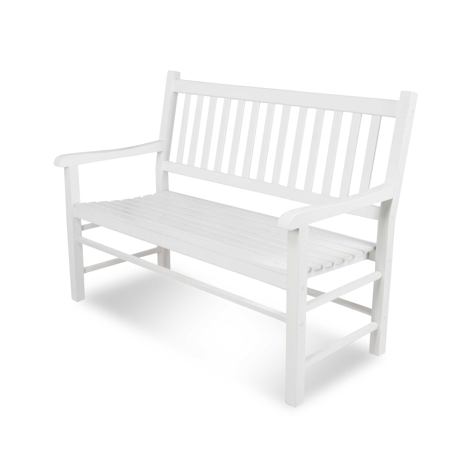 A white wooden garden bench with a slatted backrest and seat, shown at a three-quarter angle on a clean white background. 