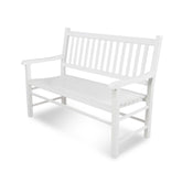A white wooden garden bench with a slatted backrest and seat, shown at a three-quarter angle on a clean white background. 