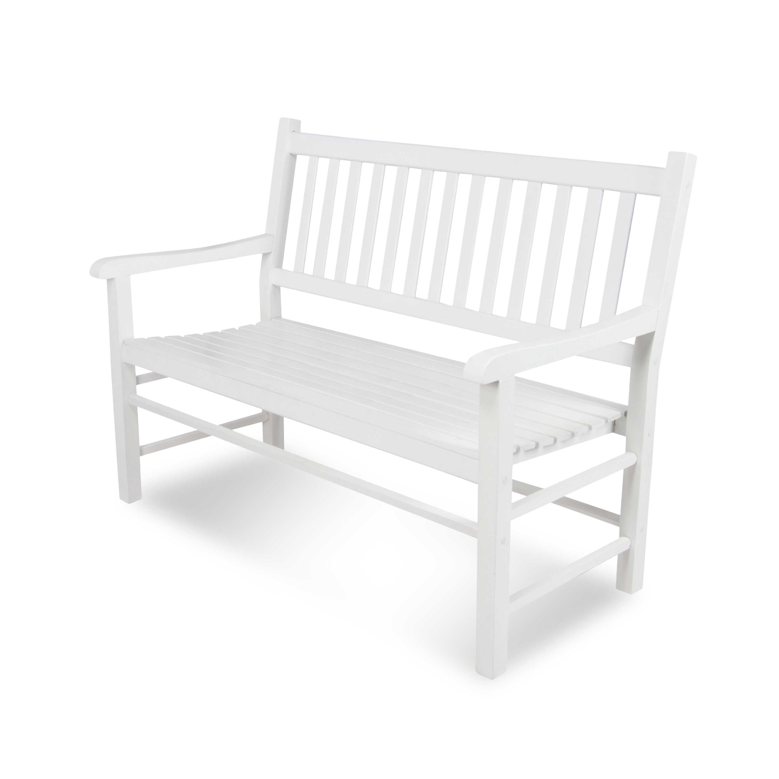 A white wooden garden bench with a slatted backrest and seat, shown at a three-quarter angle on a clean white background. 