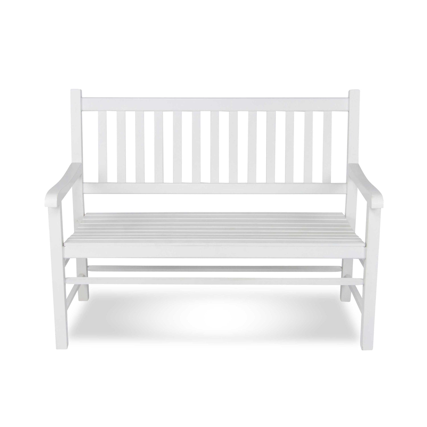 A white wooden garden bench with a slatted backrest and seat, shown from the front on a clean white background. 