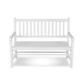 A white wooden garden bench with a slatted backrest and seat, shown from the front on a clean white background. 