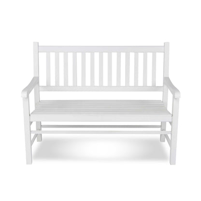 A white wooden garden bench with a slatted backrest and seat, shown from the front on a clean white background. 
