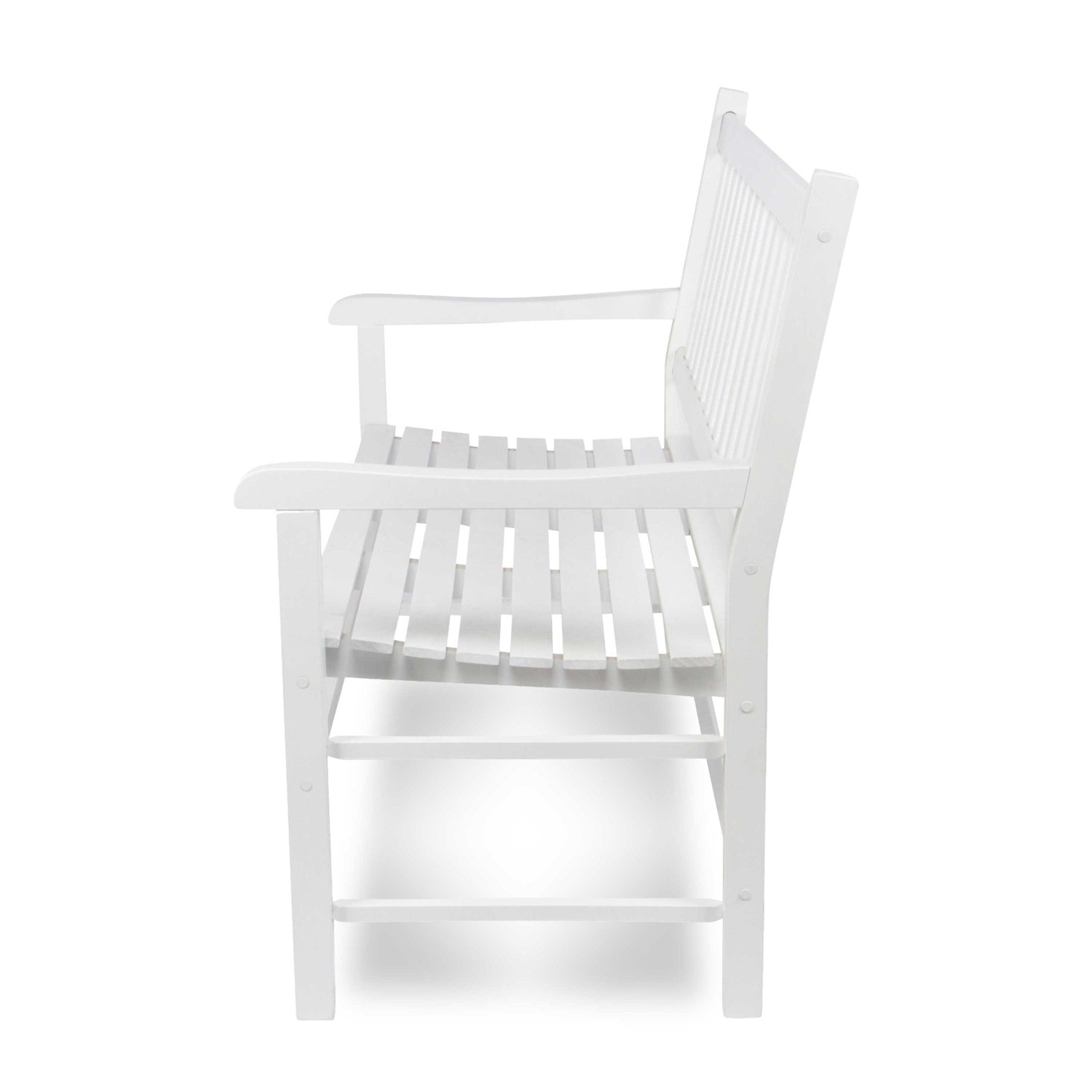 A white wooden slat bench with armrests and a tall slatted back, shown from the side against a plain white background. 