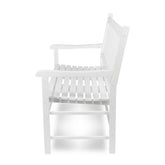 A white wooden slat bench with armrests and a tall slatted back, shown from the side against a plain white background. 