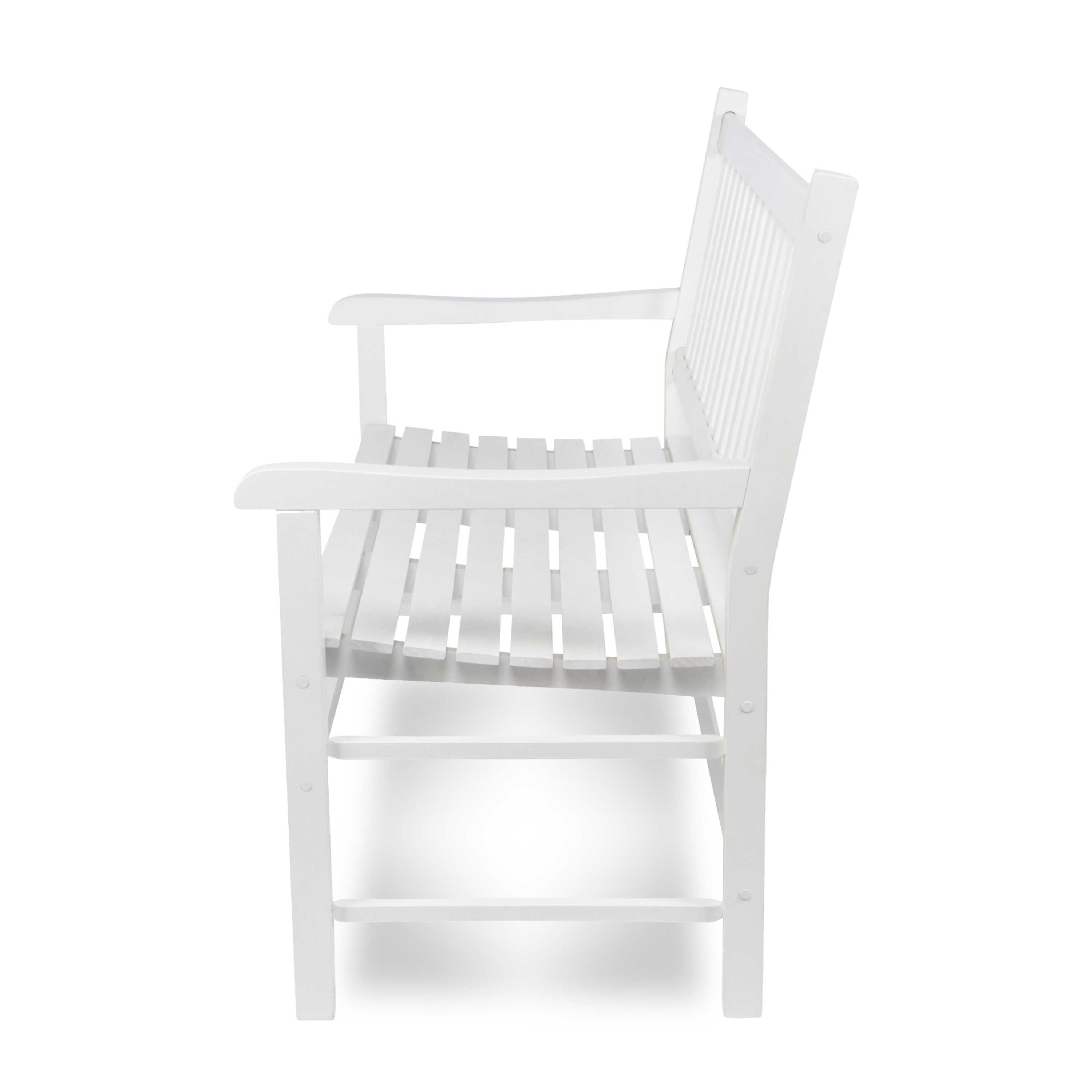 A white wooden slat bench with armrests and a tall slatted back, shown from the side against a plain white background. 
