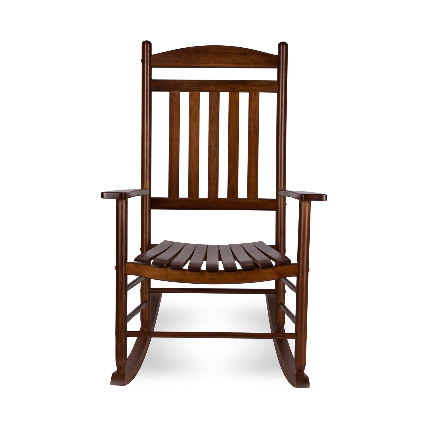 A classic wooden rocking chair with a dark brown finish, featuring a slatted backrest and seat, shown against a plain white background. 