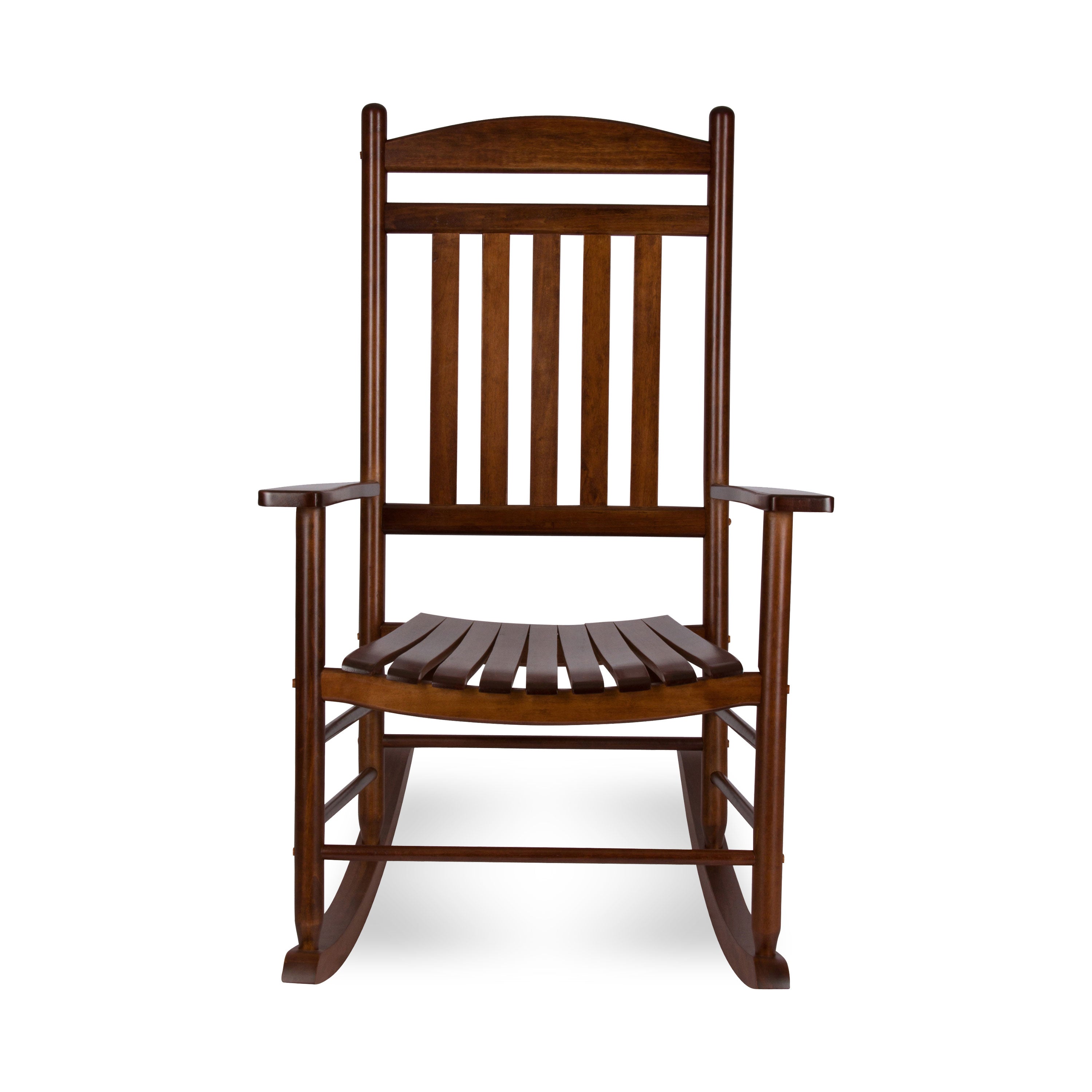 A classic wooden rocking chair with a dark brown finish, featuring a slatted backrest and seat, shown against a plain white background. 