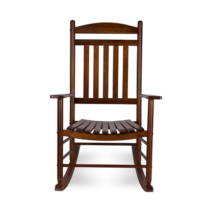 A classic wooden rocking chair with a dark brown finish, featuring a slatted backrest and seat, shown against a plain white background. 
