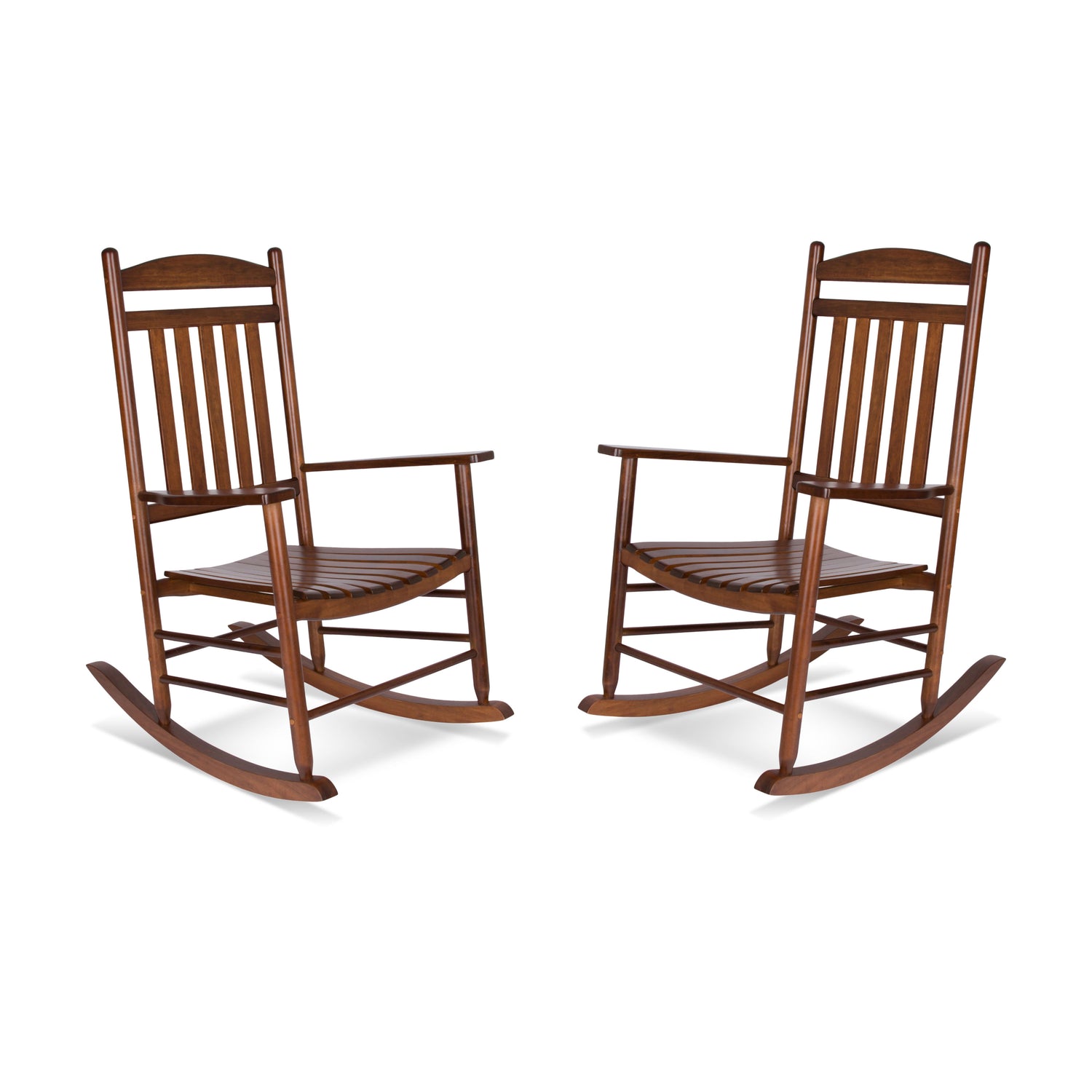 Two matching wooden rocking chairs with a warm brown finish, shown side by side on a plain white background. 