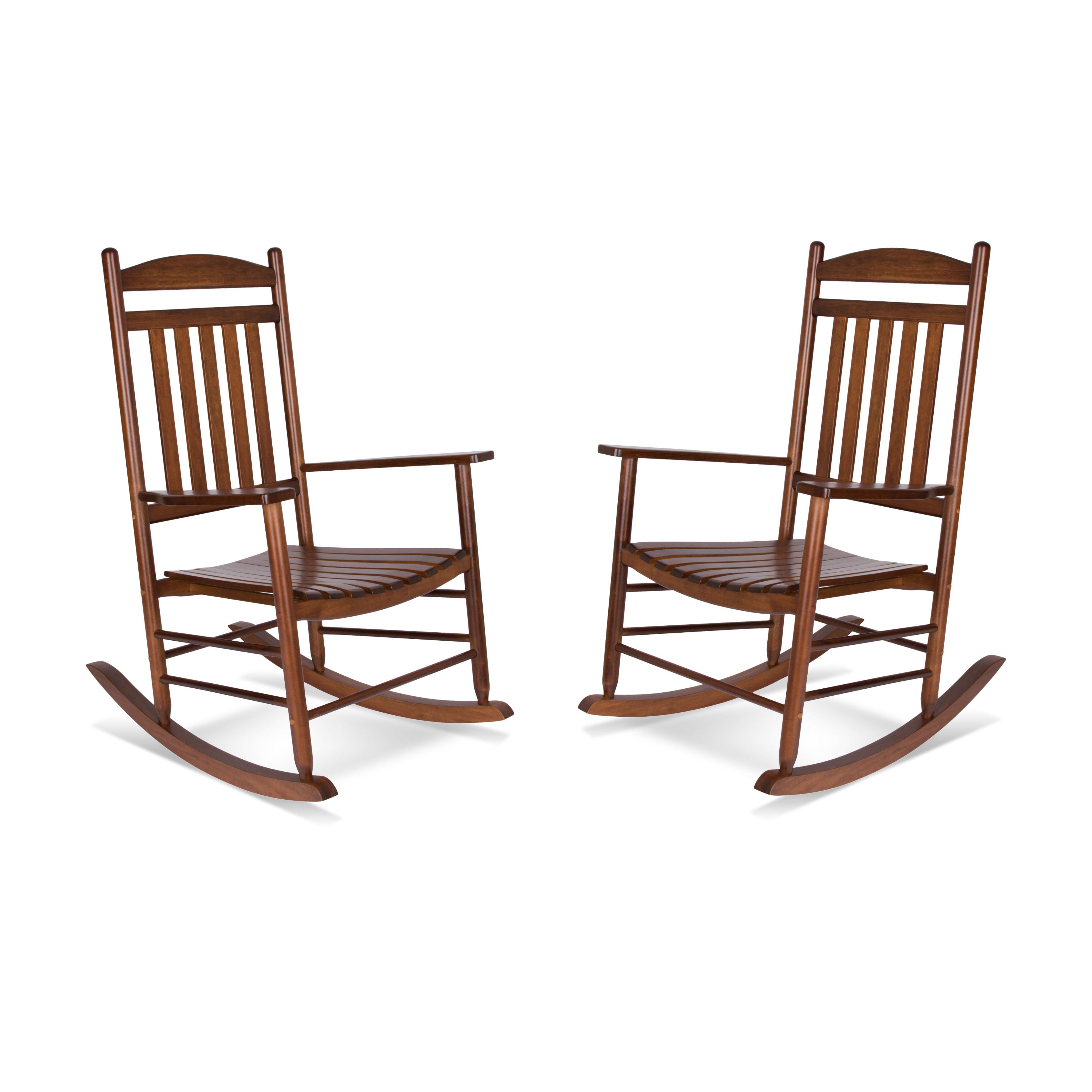 Two matching wooden rocking chairs with a warm brown finish, shown side by side on a plain white background. 