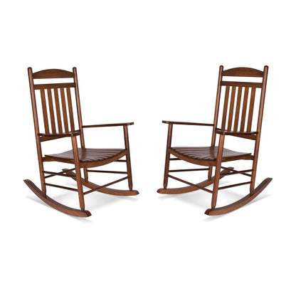 Two matching wooden rocking chairs with a warm brown finish, shown side by side on a plain white background. 
