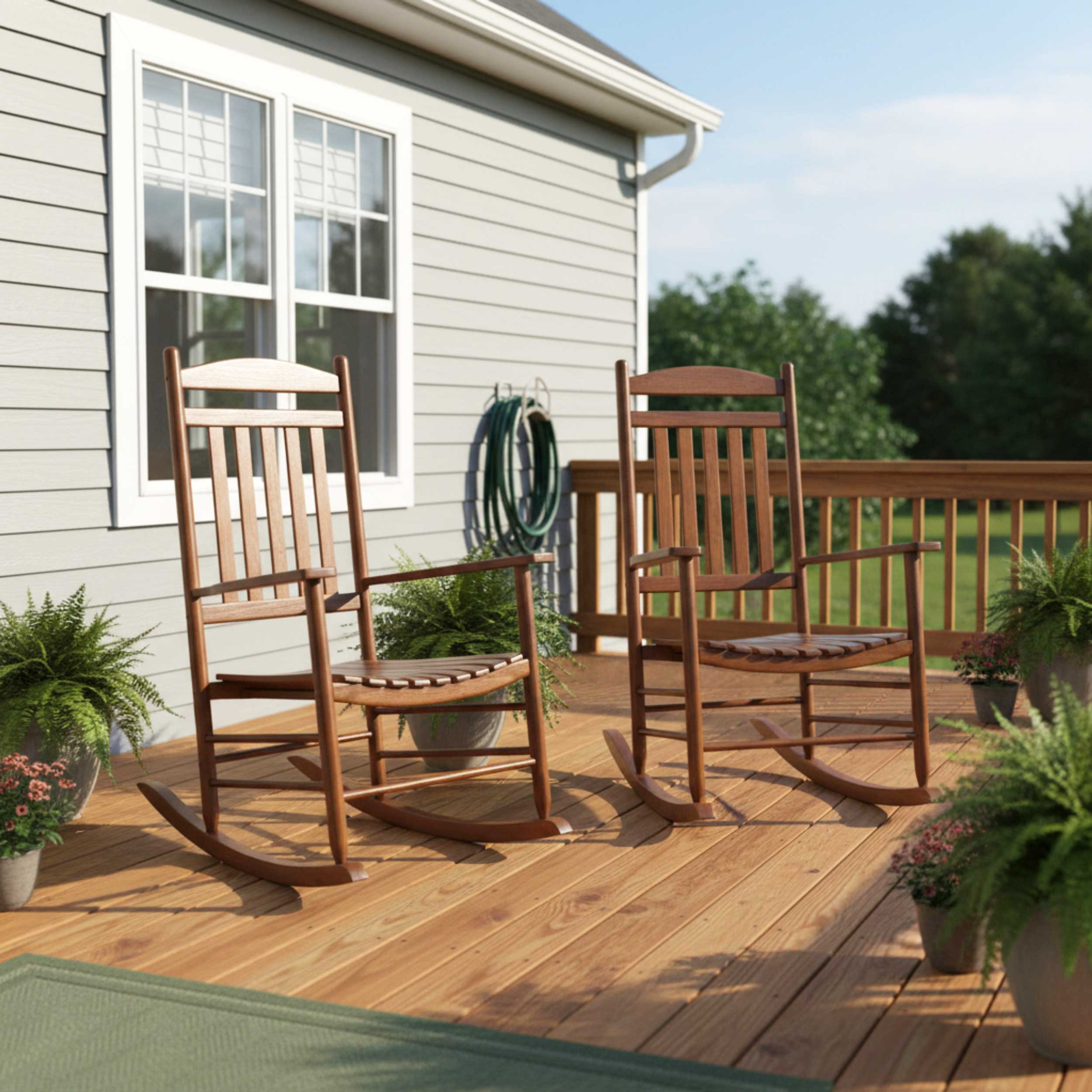 Two wooden rocking chairs on a wooden deck in front of a house with light gray siding, with potted plants and a garden hose in the background. 