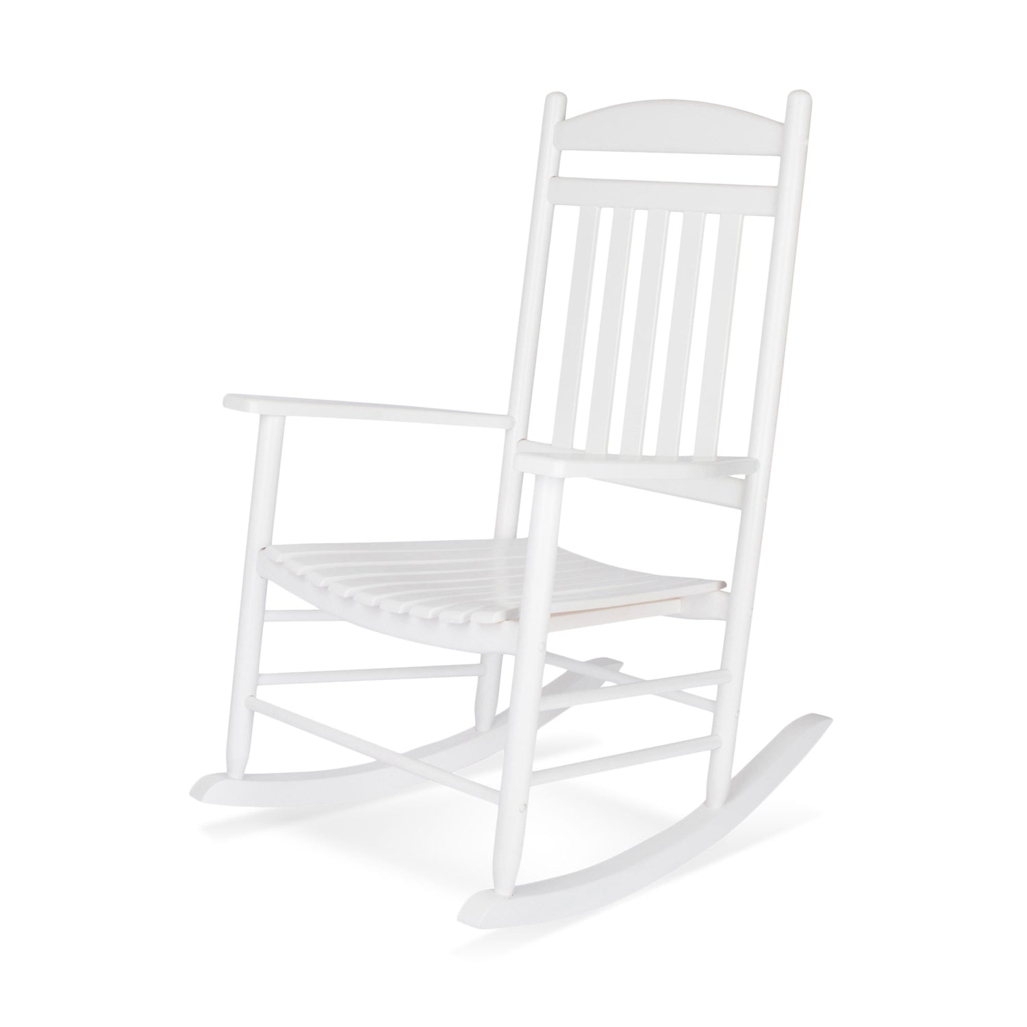 A white wooden rocking chair with a slatted back and seat, shown from a three-quarter angle on a clean white background. 