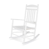A white wooden rocking chair with a slatted back and seat, shown from a three-quarter angle on a clean white background. 