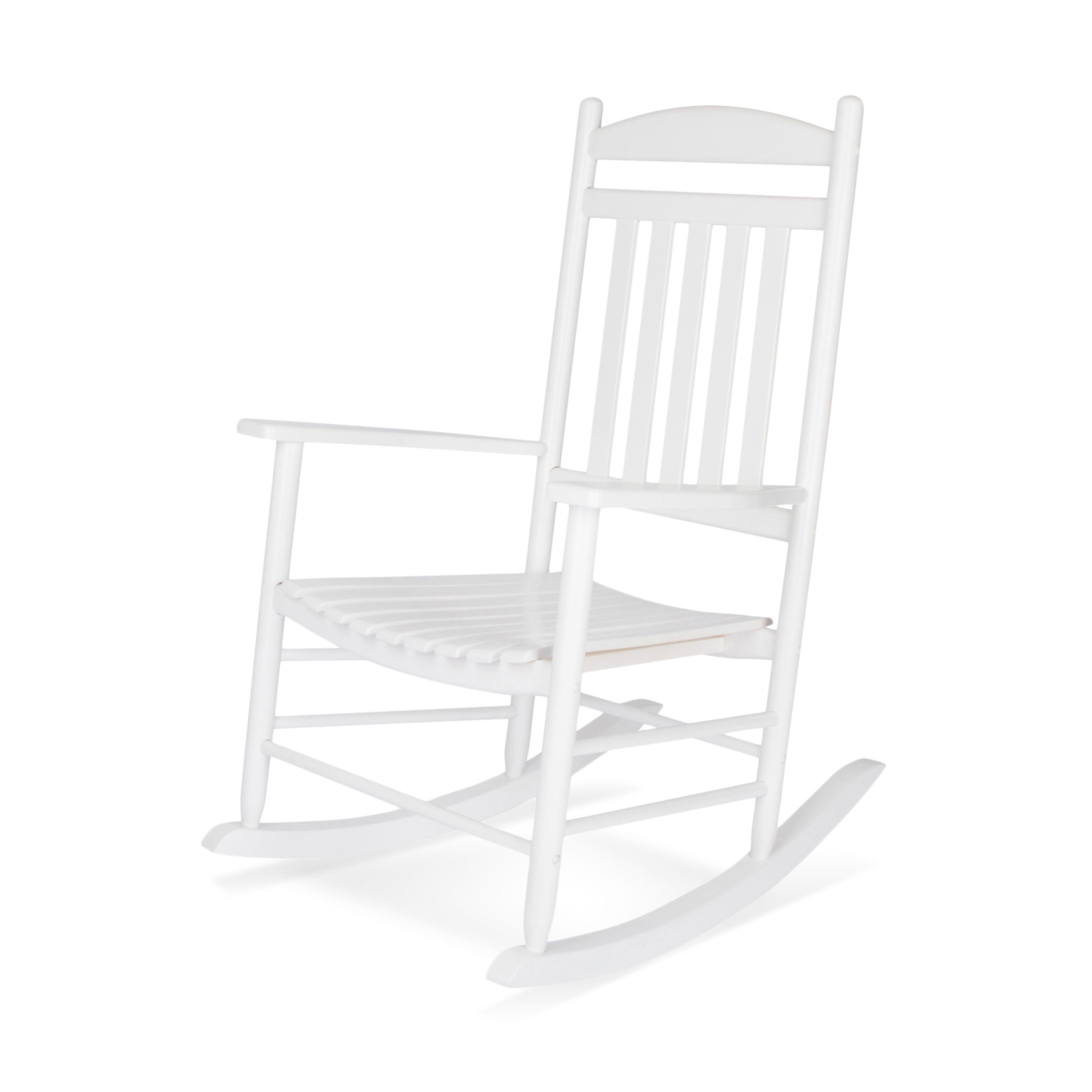 A white wooden rocking chair with a slatted back and seat, shown from a three-quarter angle on a clean white background. 