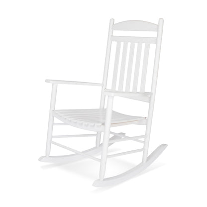 A white wooden rocking chair with a slatted back and seat, shown from a three-quarter angle on a clean white background. 