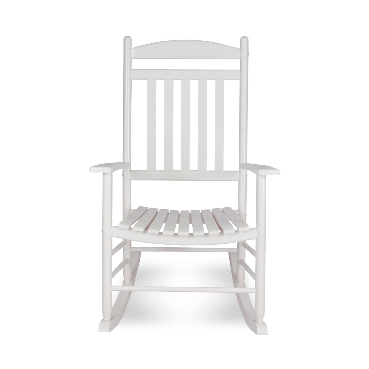 A white wooden rocking chair with a slatted back and seat, shown from the front against a plain white background. 
