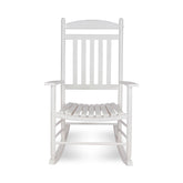 A white wooden rocking chair with a slatted back and seat, shown from the front against a plain white background. 