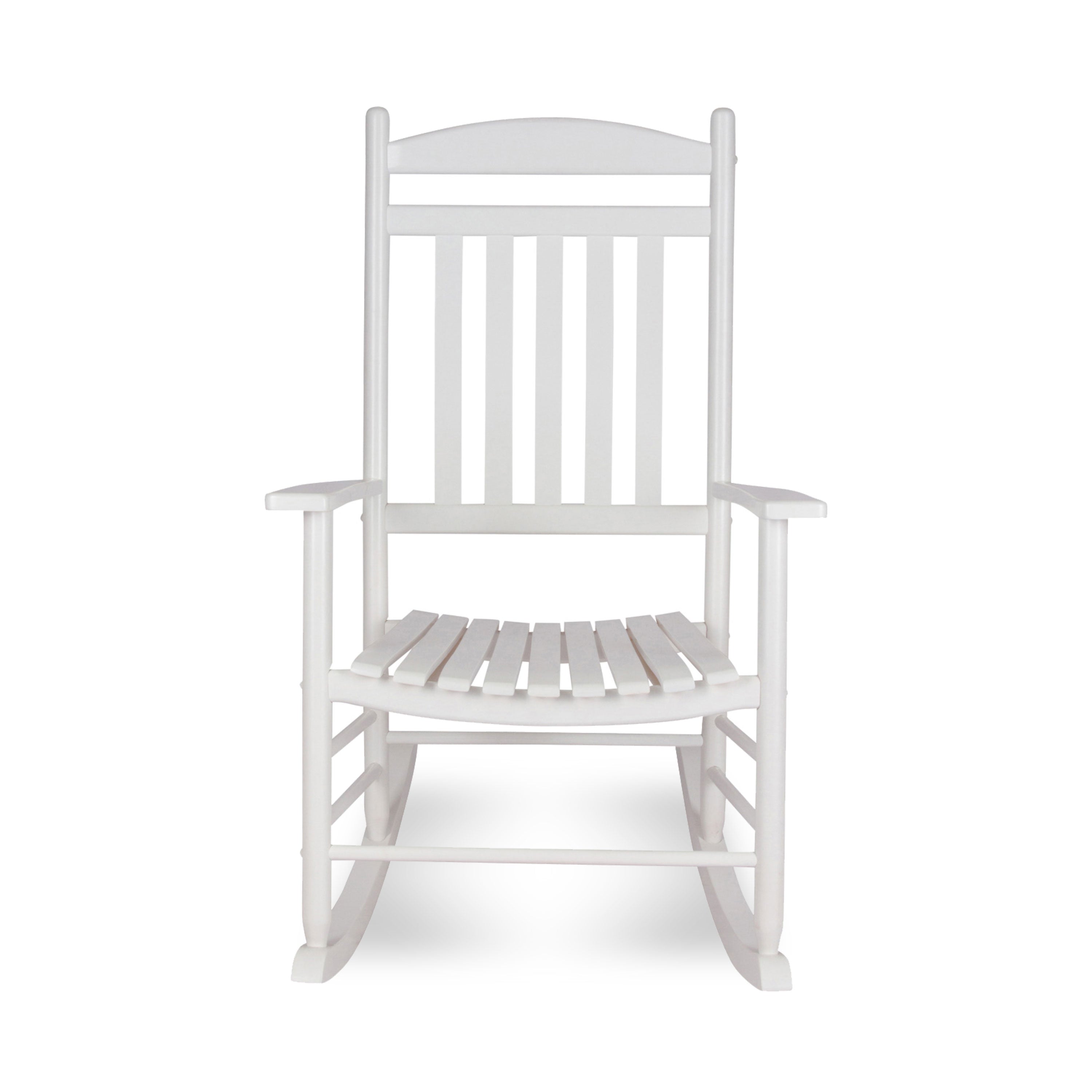A white wooden rocking chair with a slatted back and seat, shown from the front against a plain white background. 