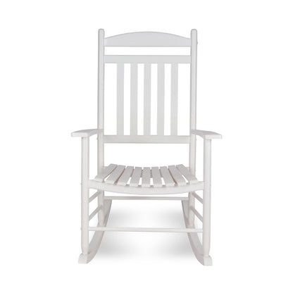 A white wooden rocking chair with a slatted back and seat, shown from the front against a plain white background. 