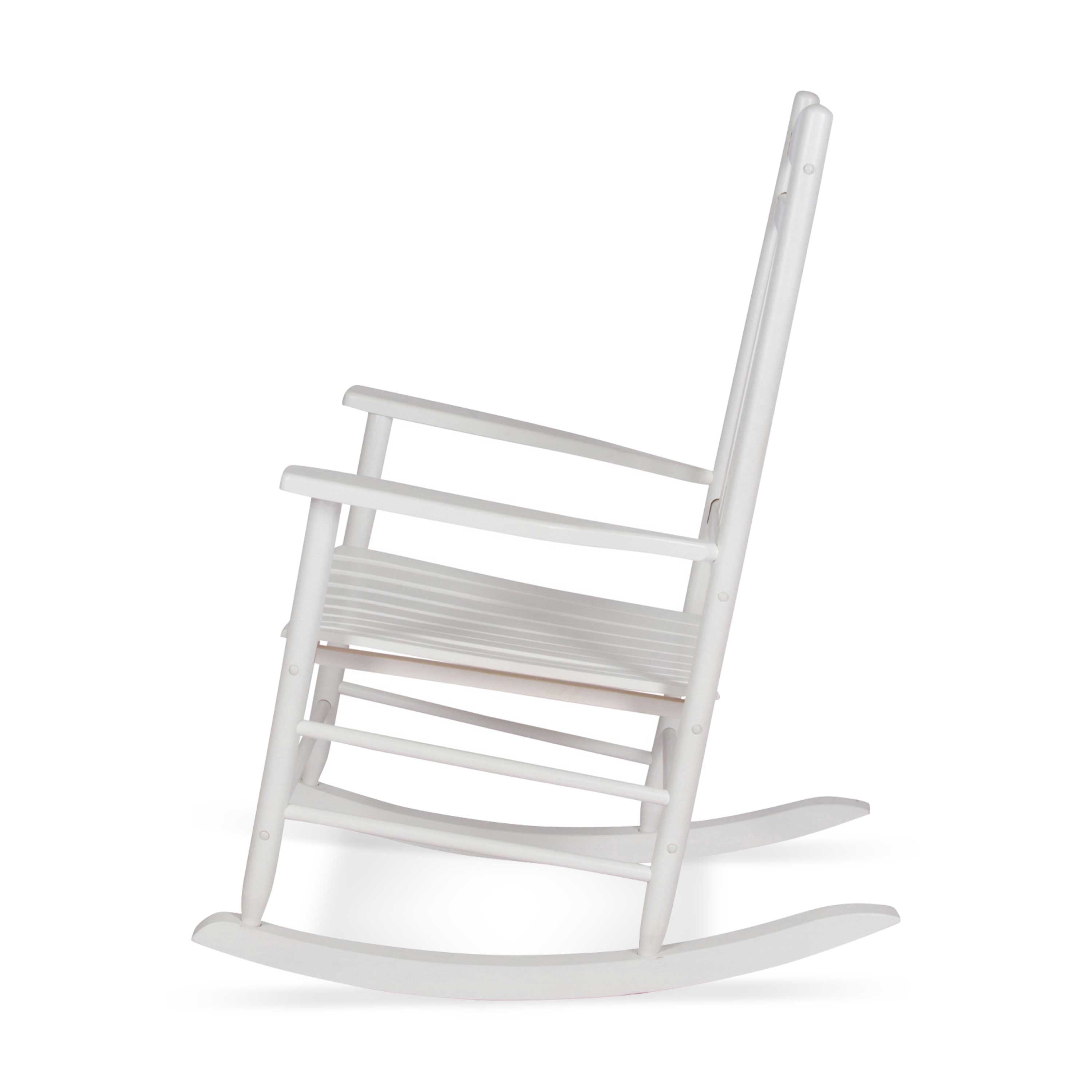 A white wooden rocking chair shown from a side angle against a plain white background. 
