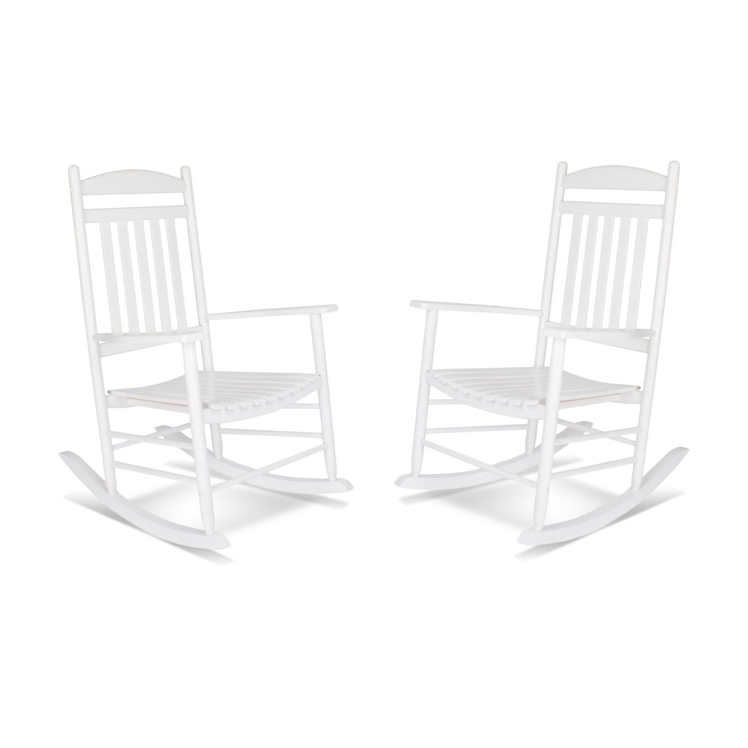Two white wooden rocking chairs shown side by side on a plain white background. 