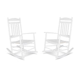Two white wooden rocking chairs shown side by side on a plain white background. 