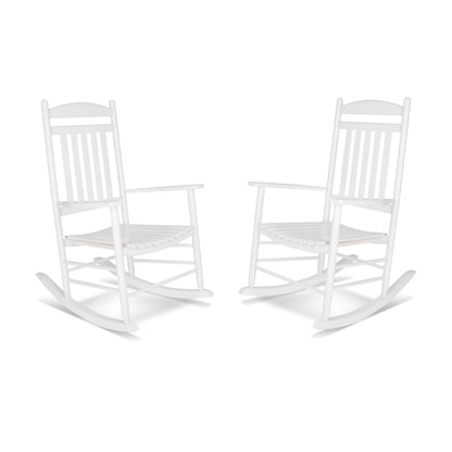 Two white wooden rocking chairs shown side by side on a plain white background. 