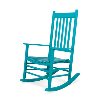 A bright turquoise blue wooden rocking chair with a slatted back and seat, shown from a three-quarter angle on a white background. 