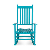 A bright turquoise blue wooden rocking chair with a tall slatted backrest and curved rockers, shown from the front on a white background. 