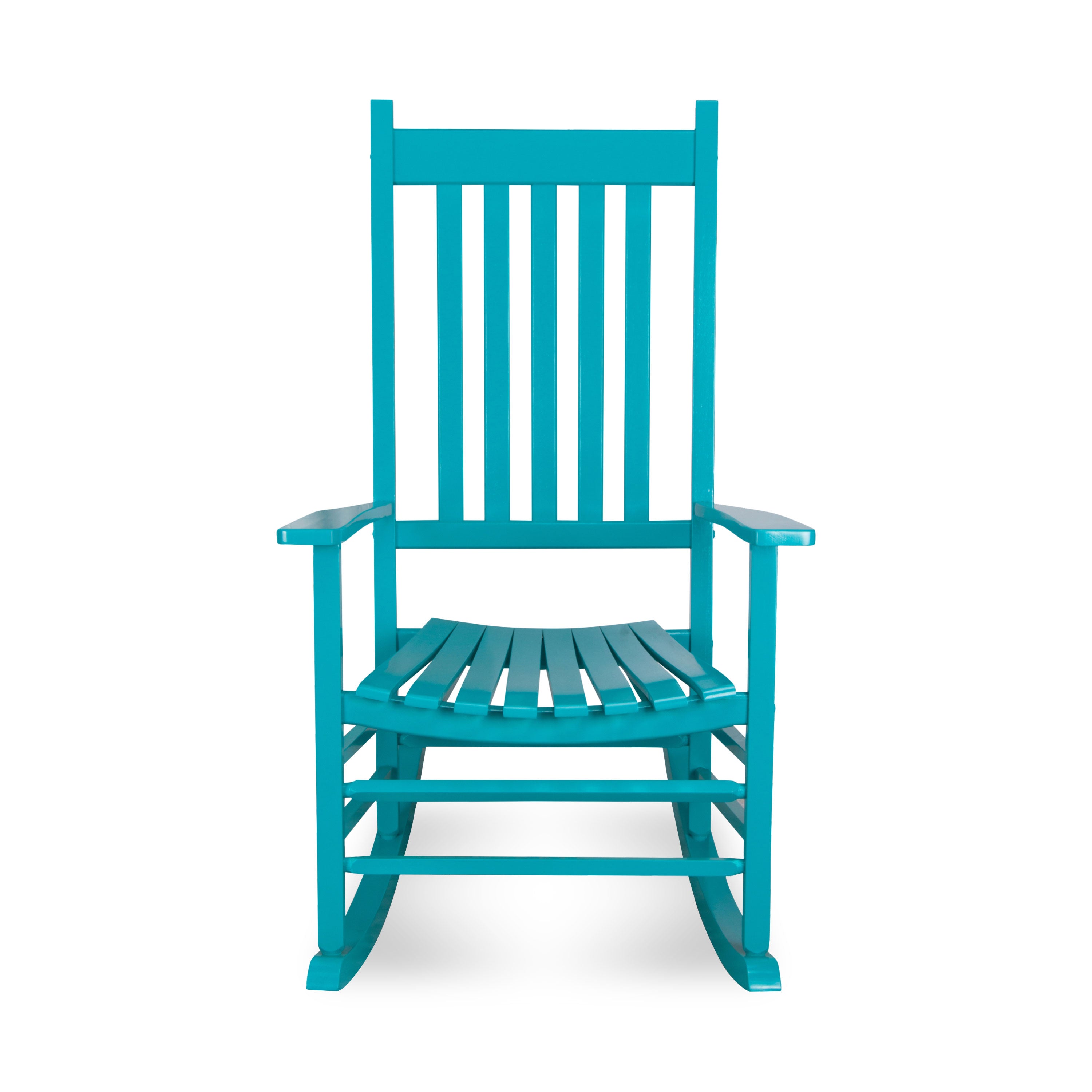 A bright turquoise blue wooden rocking chair with a tall slatted backrest and curved rockers, shown from the front on a white background. 