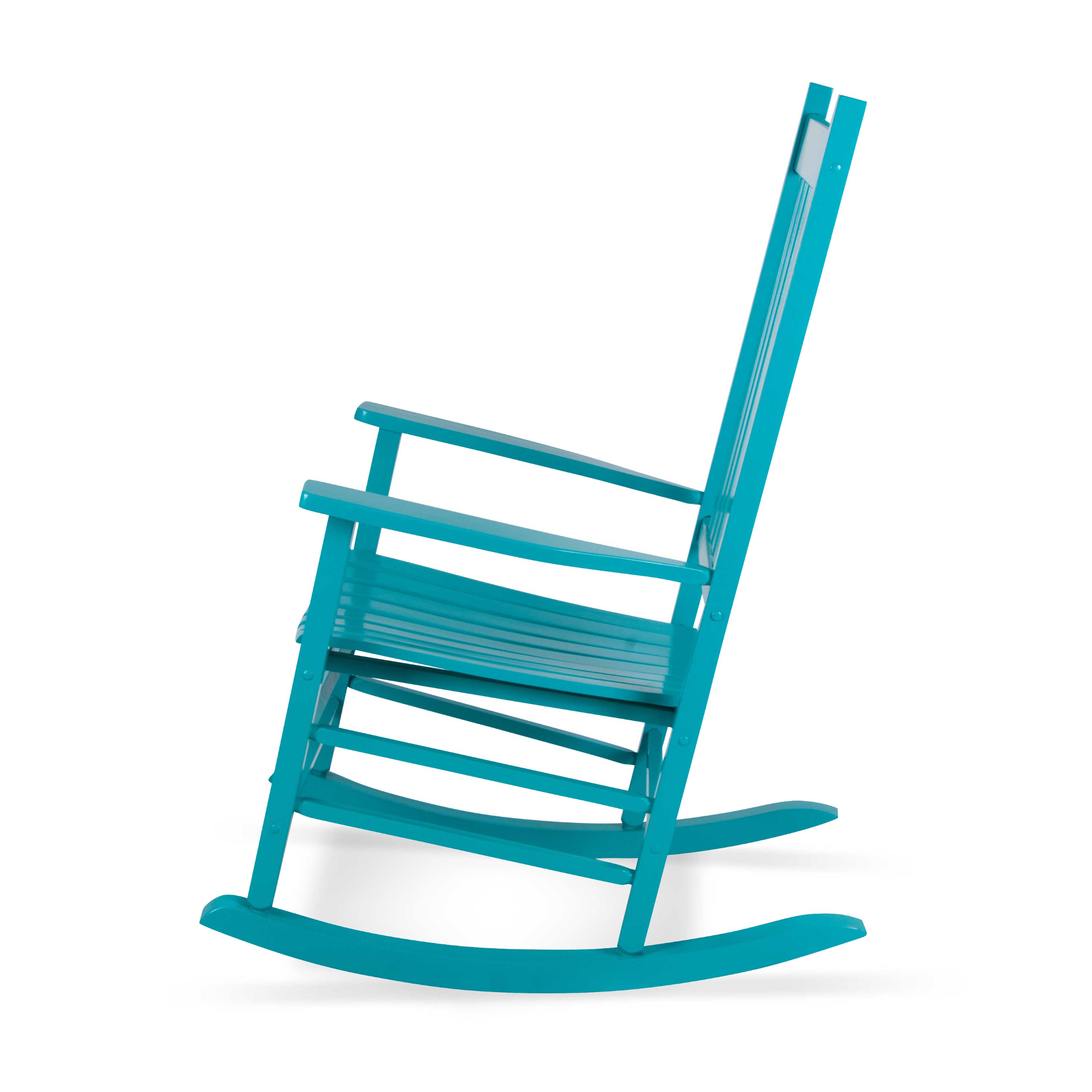 A bright turquoise blue wooden rocking chair shown from a side angle against a plain white background. 
