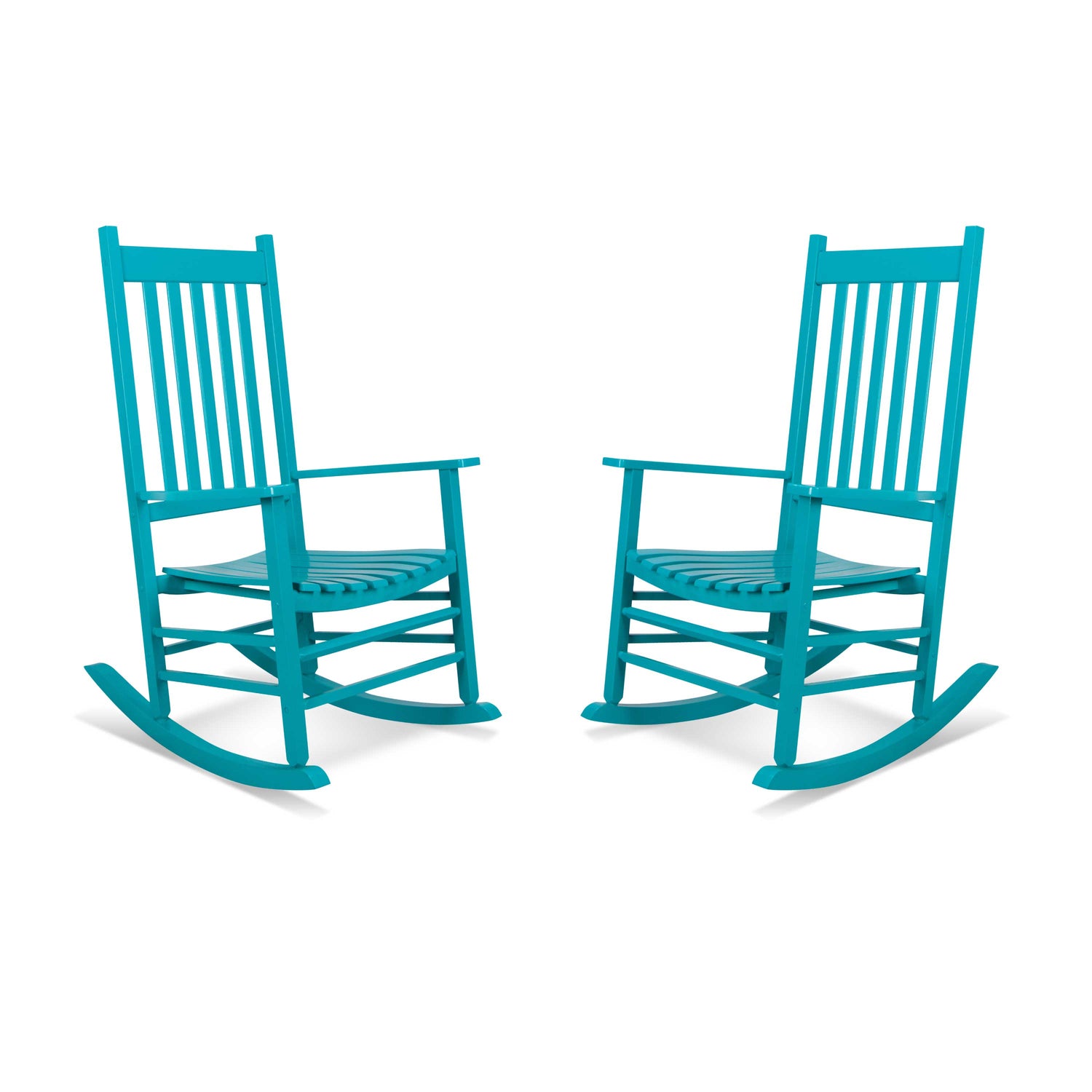 Two teal outdoor rocking chairs shown side by side on a plain white background. 