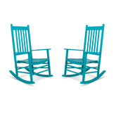 Two teal outdoor rocking chairs shown side by side on a plain white background. 