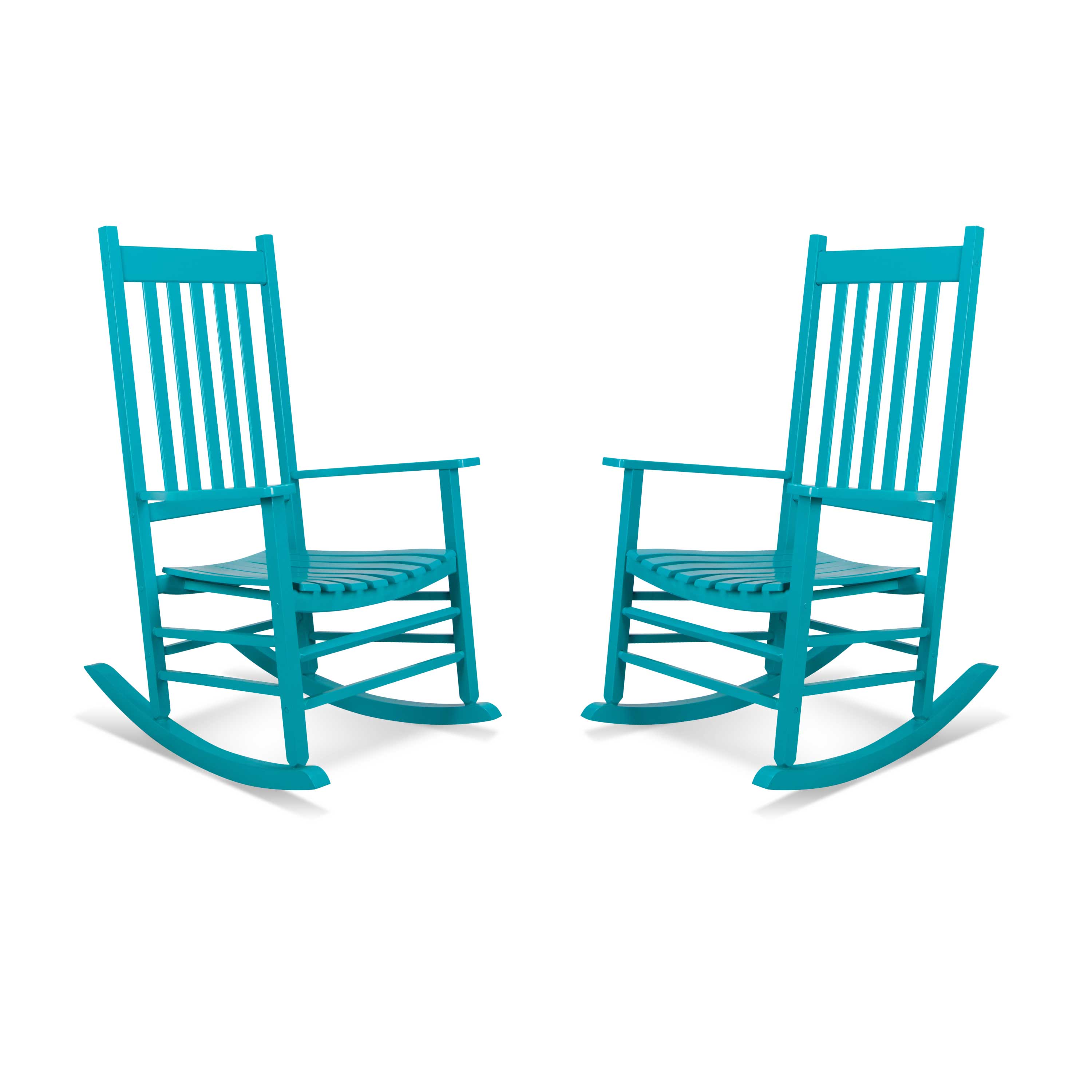 Two teal outdoor rocking chairs shown side by side on a plain white background. 