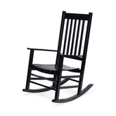A black wooden rocking chair with a slatted back and seat, shown at a three-quarter angle on a plain white background. 
