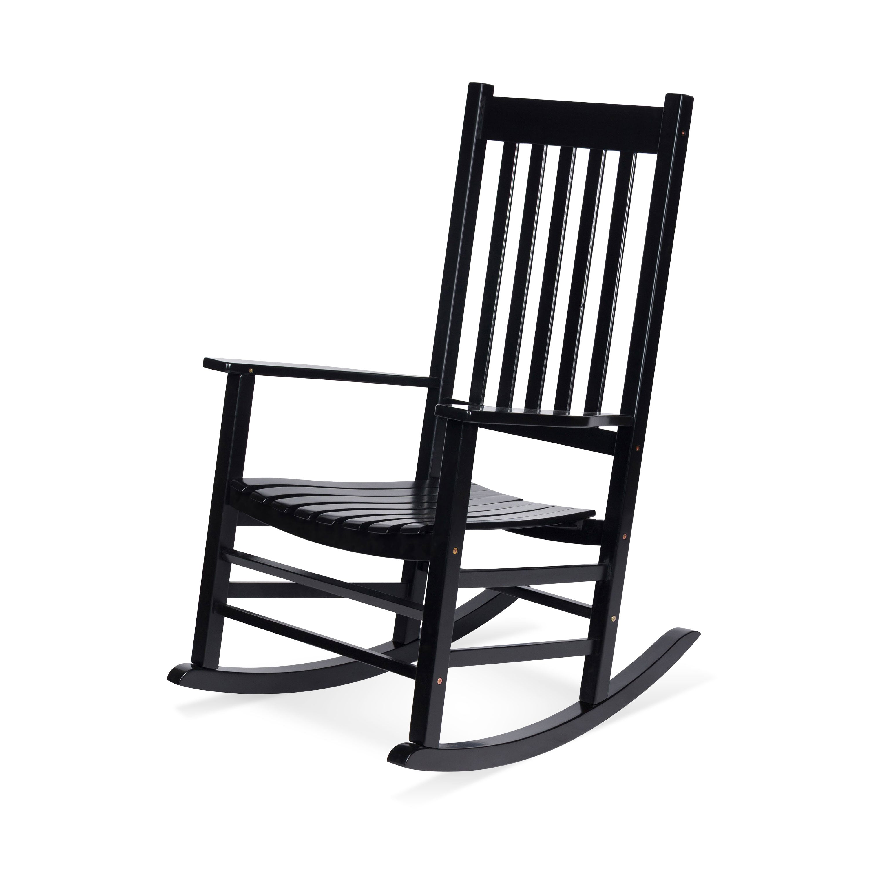 A black wooden rocking chair with a slatted back and seat, shown at a three-quarter angle on a plain white background. 